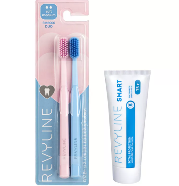 Зубные щетки Revyline SM6000 DUO (розовая и голубая) и зубная паста См
